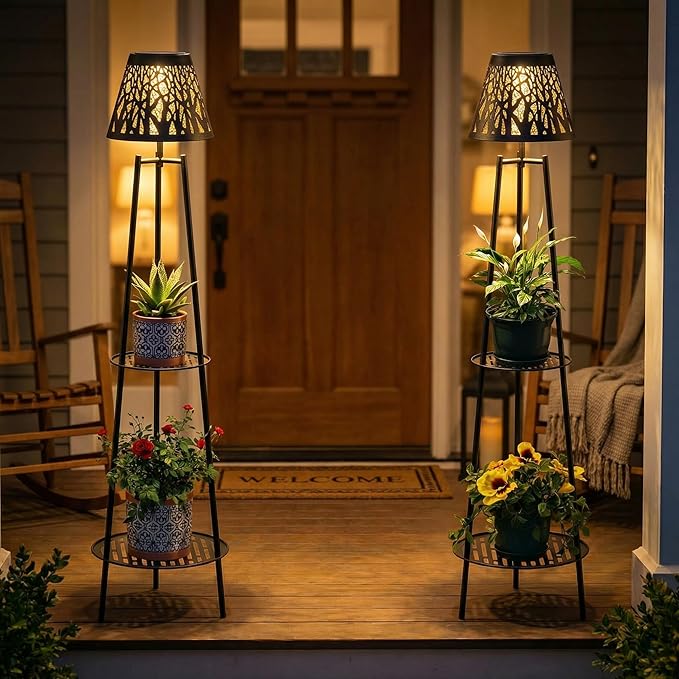 2 Pack Solar Floor Lamps Outdoor with 2-Tier Plant Stand, Metal Tall Planter Holder with Waterproof LED Lantern, Decorative Patio Light & Flower Pot Display Rack for Garden, Deck, Porch, Balcony