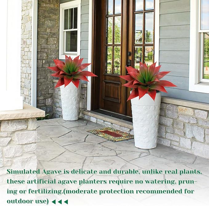 2 Pack 16 Inch Artificial Agave Plant - Large Faux Succulent Steams for Indoor Outdoor Decorating, UV Resistant Realistic Tropical Greenery for Garden Front Porch Aesthetic Decor - 18 Leaves, Red