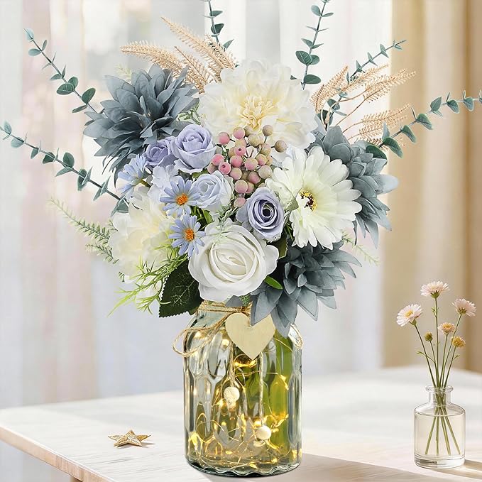 Fake Flowers in Vase, Dusty Blue Artificial Flowers Arrangement in Vase, Fake Floral Table Centerpieces for Kitchen Farmhouse Coffee Table Living Room Cemetery Gravesites Decor