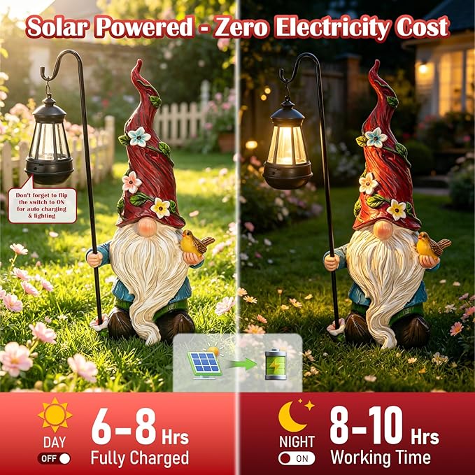 Pohabery 19.3" Large Garden Gnomes Outdoor Statue with Solar Lights, Funny Tall Gnome Garden Decor for Outside Patio Yard Decorations, Unique Gnomes Gifts for Women Mom Grandma