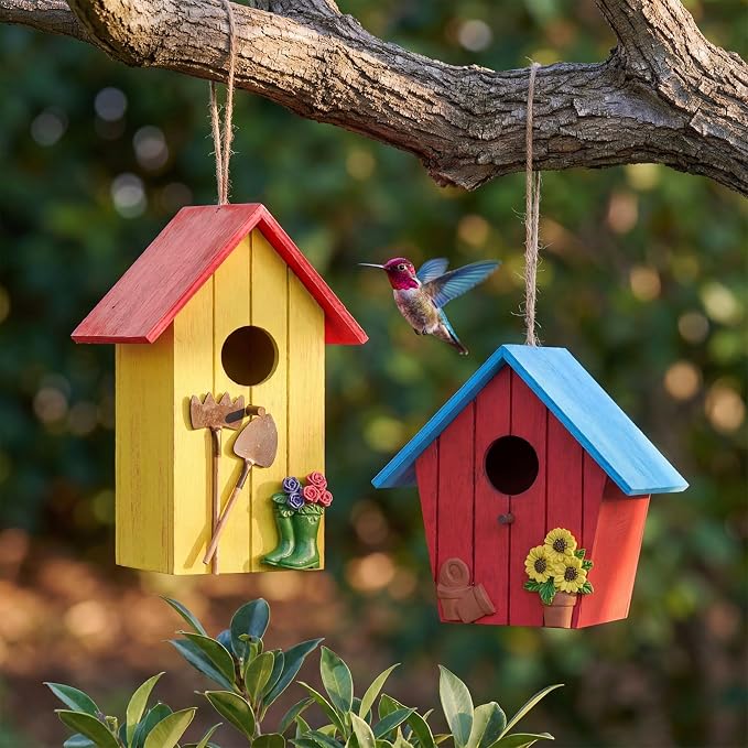 DoubleFill 2 Pcs Birdhouses for Outdoor Hanging Yard Outside Wooden Birdhouse Hand Painted Bird Box for Bird Lovers Bluebird Tree Garden Decor Decorative Birdhouse(Red,Yellow,Wooden Roof)