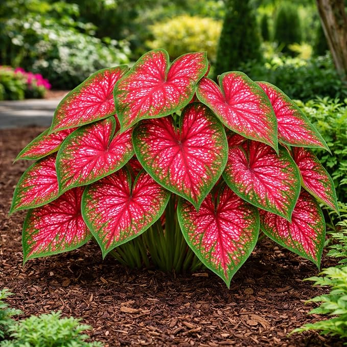 6 Red Alert Caladium Bulbs for Planting Bright Red and Green Spotted Leaves Tropical Foliage Plant for Shade Garden Containers Patio Beds Elephant Ear Style (6 Bulbs)