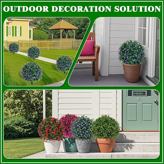Grooy Artificial Boxwood Topiary Tree with Flower, Set of 2 Artificial Shrub Bushes with Ground Spike, Fake Evergreen Tree for Porch, Artificial Plants for Outdoor Planters Indoor UV Resistant