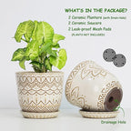 Gepege Beaded Ceramic Planter 6 Inch Set of 2 with Drainage Hole and Saucer for Plants, Indoor-Outdoor Large Round Succulent Orchid Flower Pot (Cream White, Inner-pots not Larger Than 5 Inch)