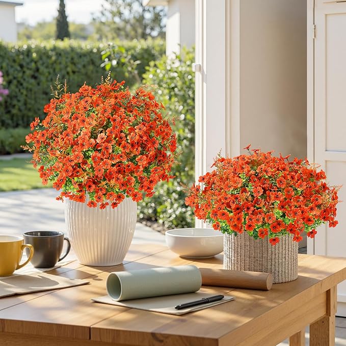 SHareconn 24 Bundles Artificial Flowers for Outdoors Decoration, Faux Plants Fake Silk Colorful Daisy Eucalyptus Lavender, UV Resistant for Outside Home Porch Patio Indoor Spring Decor, Orange