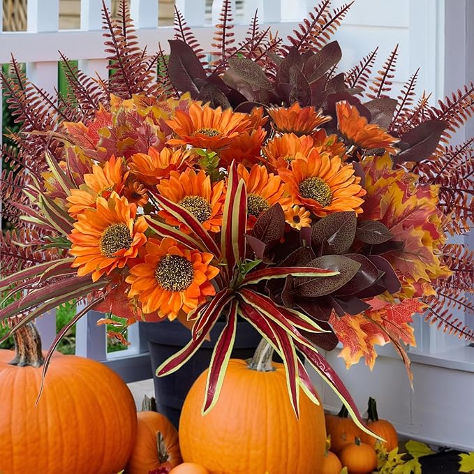 Artificial Sunflowers Flowers Faux Plants for Outdoor, 12 Bundles Fake Silk Realistic Greenery Bushes Look Real UV Resistant for Outside Planters Porch Pot Fall Decor