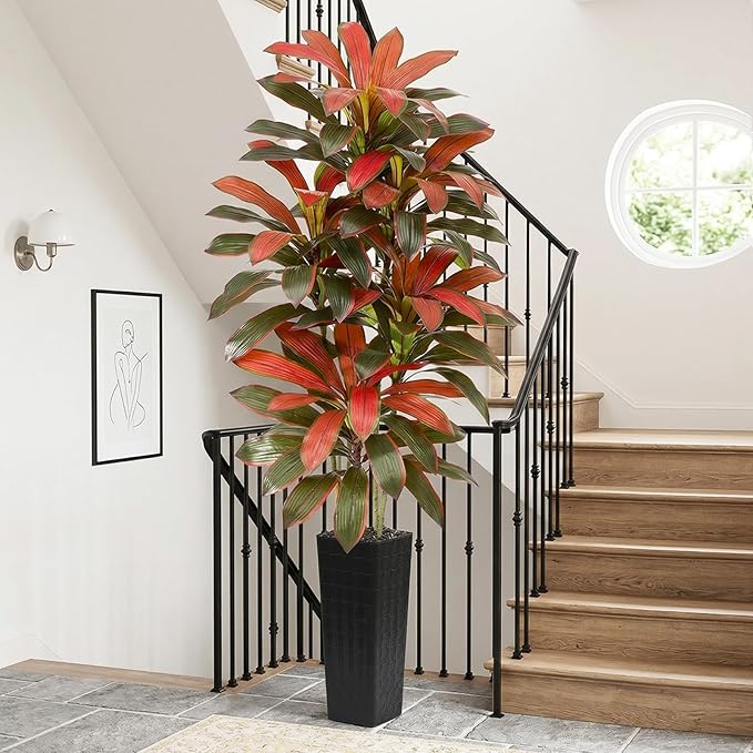 Artificial Red Dracaena Tree - 7FT Tall Fake Plants with Black Square Planter - Artificial Plants Indoor Floor Plant in Pot - Large Tropical Fake Yucca Potted Tree for Home Office Living Room Decor