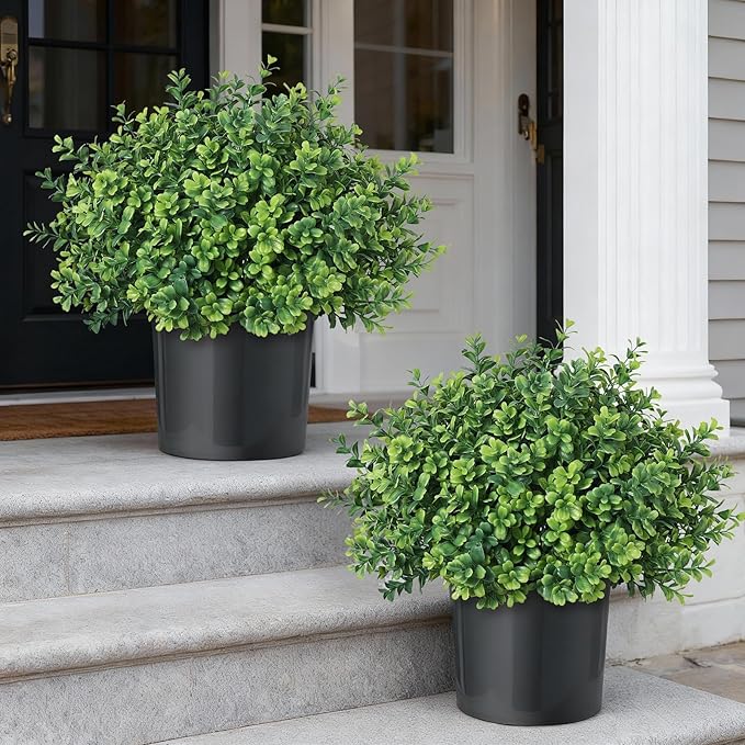 Set of 2 Artificial Boxwood Topiary Trees for Front Door - Faux Realistic Greenery Potted Plants, Fake Outdoor UV-Resistant Bushes with Pots for Porch,Farmhouse,Home,Garden Decor