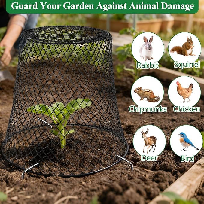 Cyrico 12 Pcs Plant Protectors from Animals, Chicken Wire Cloche Kit with Stakes and Labels, Metal Mesh Garden Cloches Keeps Out Rabbits, Squirrels and Birds for Seedlings Vegetables Flowers Outdoor