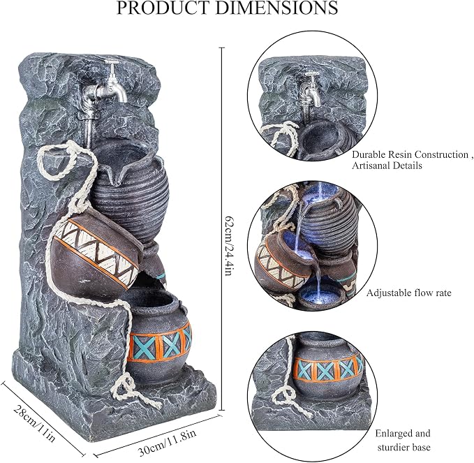 24.4" H Water Fountains Outdoor Indoor, Garden Fountains,Rustic Stacked Pot Waterfall Fountain with LED, Floor-Standing Water Feature for Patios Porch Backyards