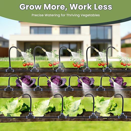 Automatic Drip Irrigation Kits - Garden Watering System with 360° Bendable Spray Adjustable Copper Atomizing Nozzles for Yard, Lawn, Raised Bed, Greenhouse, Potted Plants (40 Nozzles, 200FT Hose)