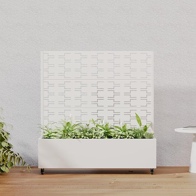Casaphoria Metal Raised Garden Bed with Trellis and Wheels, 47"x47"x16" Planter Box for Climbing Plants, Vegetables & Vines, Features Drainage Holes and Privacy Screen, White-Square