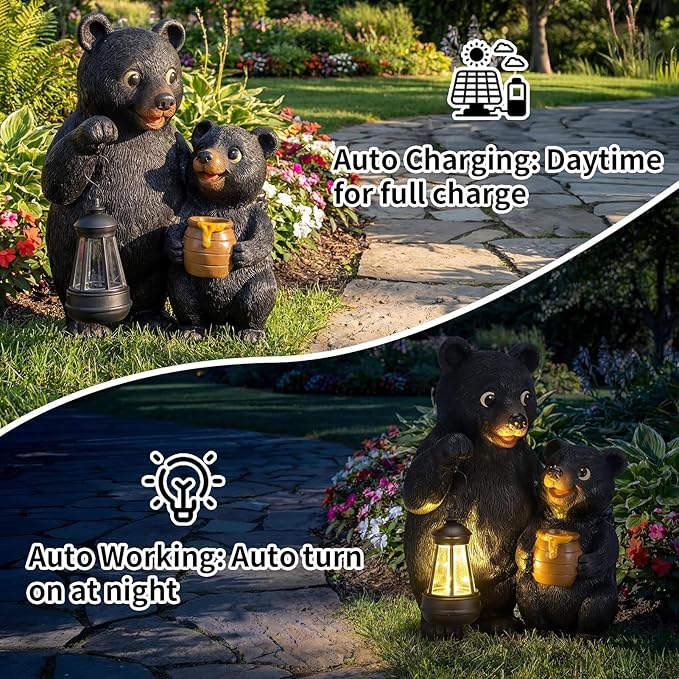 Lavezee Garden Bear Statues 8.9‘’, Mother and Baby Bear Figurines with Solar Lantern for Outdoor Porch Yard Lawn, Unique Bear Gifts for Mom Grandma Women