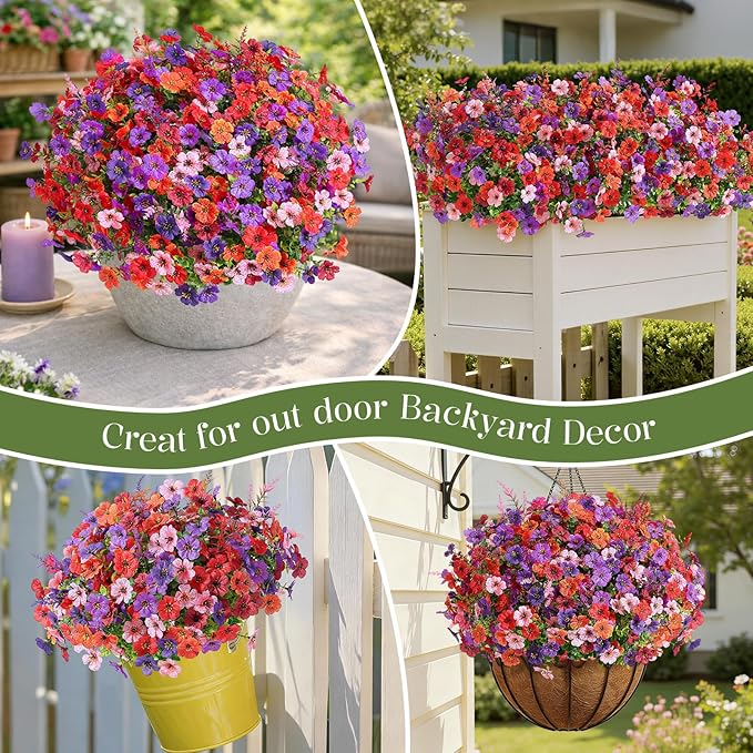SHareconn 24 Bundles Artificial Flowers for Outdoors Decoration, Faux Plants Fake Silk Colorful Daisy Eucalyptus Lavender, UV Resistant for Outside Home Porch Indoor Spring Decor, 6 Colors incl. Brown