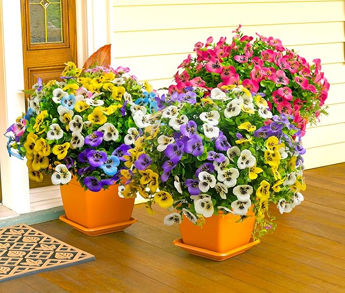 Artificial Flowers for Outdoors Fake Plants Spring Decor, 14 pcs Realistic Fake Pansies Silk Flowers UV Resistant, Lifelike Faux Outdoor Flowers for Porch Garden Patio Window Box Decor