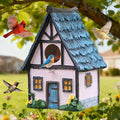 Bird Houses for Outside Pink Cottage Resin Birdhouse, Garden Outdoor Decor Bird House with Flower and Stone Details, Birdhouses for Outdoors for Bluebird Finches Cardinals