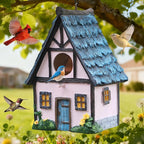 Bird Houses for Outside Pink Cottage Resin Birdhouse, Garden Outdoor Decor Bird House with Flower and Stone Details, Birdhouses for Outdoors for Bluebird Finches Cardinals
