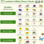 Lush&Dew Edible Flower Seed Bank with Almanac, Gardening Gifts for Women Men, 32 Types 30,000+ Non-GMO Heirloom Seeds for Planting Culinary Flowers, Survival Seed Kit, Annual Perennial, Zone 3-11