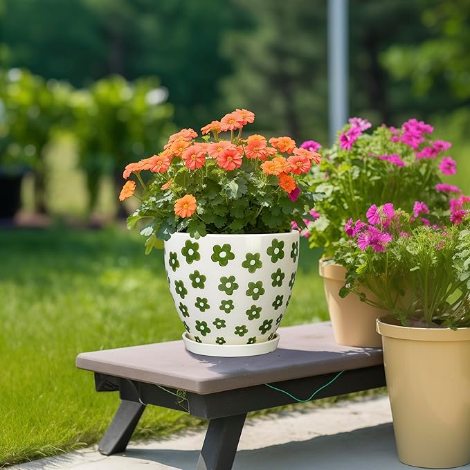 MPotTo 8.2 Inch Plant Pot - Ceramic Flower Pot Indoor with Drainage Hole and Saucer, Boho Round Decorative Planter for Indoor Plants, Housewarming Gifts, Office Garden Home Room Decor, White