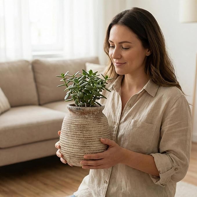 Rustic Terracotta Pot, 7 Inch Short Farmhouse Vase with Weathered Texture, Boho Home Decor for Pampas Grass, Tabletop, Mantel and Shelf Styling