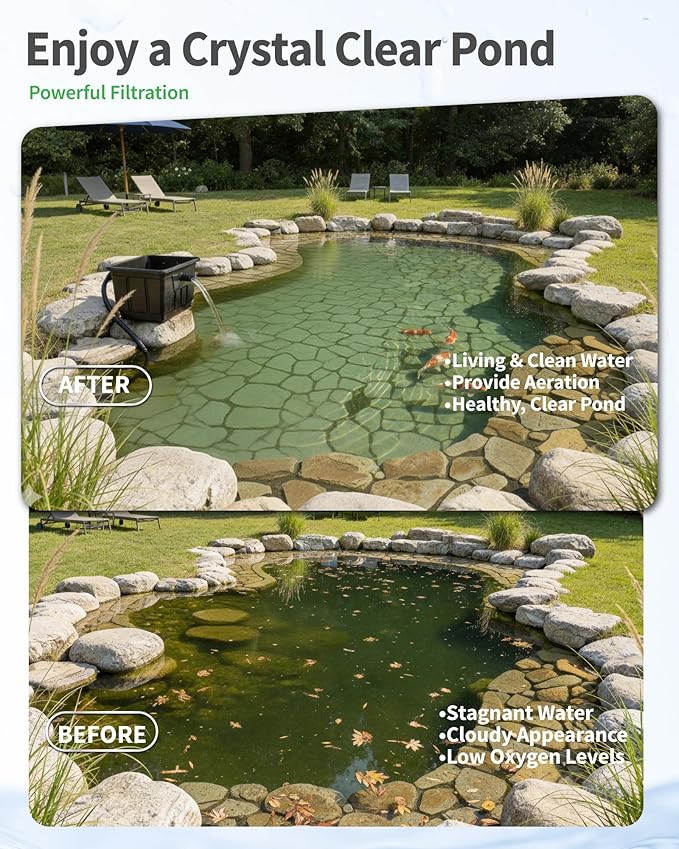 POPOSOAP Large Pond Filter Kit, 1200GPH Pond Filter with Quiet Pond Pump & 9.8FT Tube, Multiple Filtration System for for Koi Pond Garden Pond Water Clean & Clear-P2580