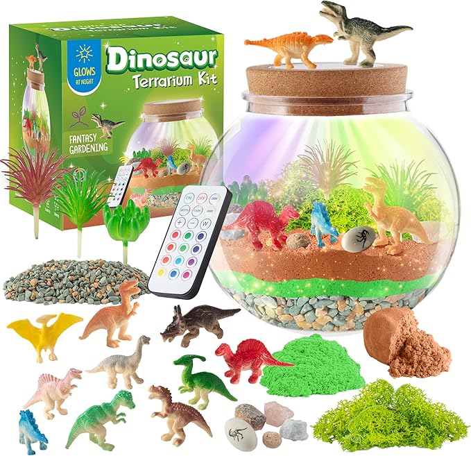 JOYEEMAX Dinosaur Light-Up Terrarium Kit for Kids - LED Night Light Birthday Gift for Boys Ages 4 5 6 7 8-12 Year Old - Dinosaur Toys for Boys - DIY Arts and Crafts Kit for Kids