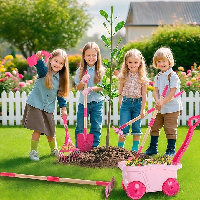 Kids Gardening Tools Outdoor Toys Set - Wheelbarrow Backyard Play Set for Kids with Shovel, Rake, Leaf Rake, Summer Yard Digging Weed Toys, Easter Birthday Gifts for Boys Girls Age 2 3+ Years Old
