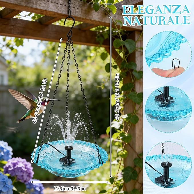 Hanging Bird Bath with USB Nozzle Fountain, USB Powered Bird Bath Fountains for Outside, Garden Patio Yard Decor with Adjustable Chain, Blue