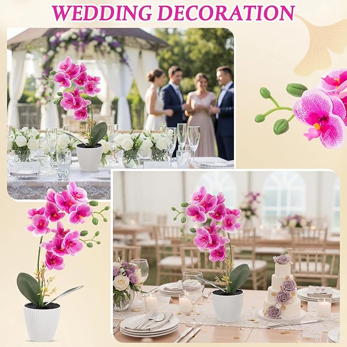 Suncalla 4 Pack 17" Tall Artificial Silk Phalaenopsis Orchid Flower Plant in Pot Purple Potted Orchid Flowers Indoor for Table Centerpieces Arrangements Home Office Wedding Party Decoration