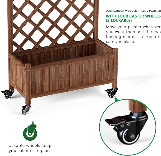 Upgraded 2-Pack 50" Tall Trellis Planter Box with Wheels, 49.8"H × 27.6"W × 13.0"D Solid Fir Wood Raised Garden Bed & Lattice Privacy Screen, Rolling Planter with Drainage for Patio/Garden