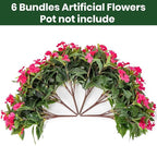 Nigirior Artificial Fake Flowers for Outdoor Décor 6 Bundles UV Resistant Fake Plants for Planter Faux Impatiens for Home Porch/Garden Stunning（Rose Red）