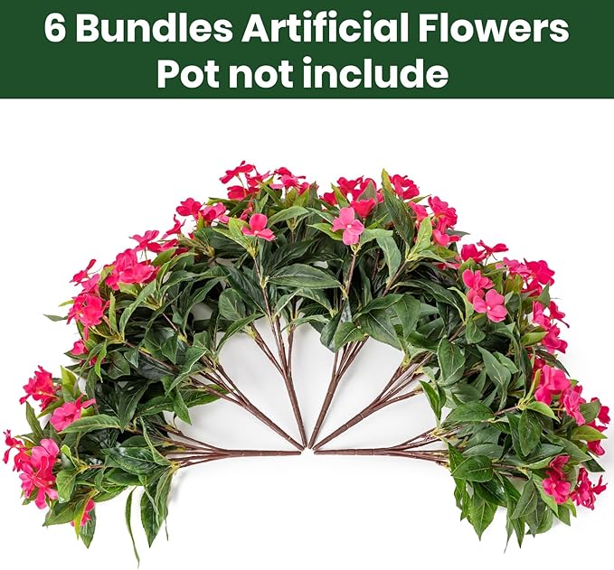 Nigirior Artificial Fake Flowers for Outdoor Décor 6 Bundles UV Resistant Fake Plants for Planter Faux Impatiens for Home Porch/Garden Stunning（Rose Red）