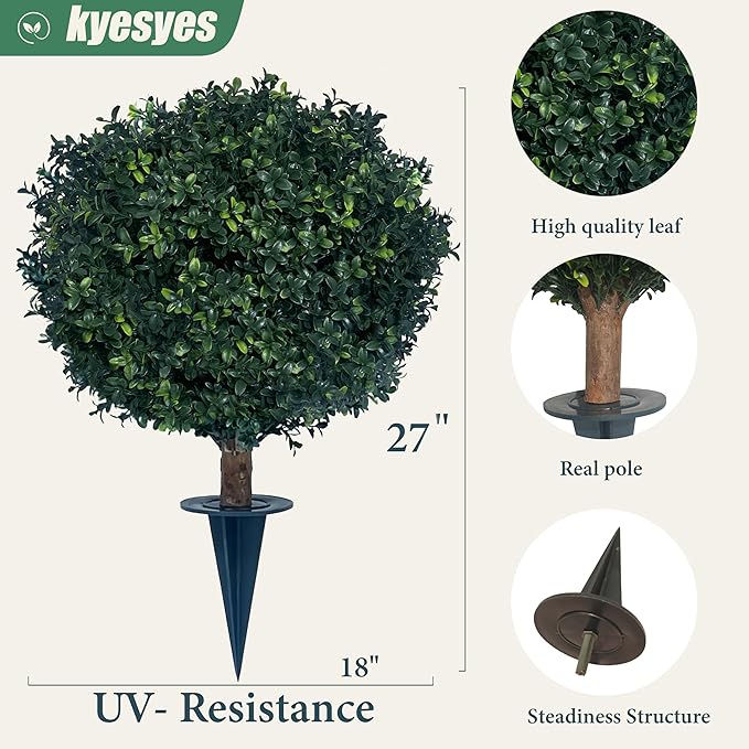 kyesyes Artificial Boxwood Ball Bush 27" Tree BLONYUVC UV Resistance Rated with Spike. Easy to Push in The Ground.Plant Looks Great in a Planter Anywhere. Indoor/Outdoor Decor 4 Pack