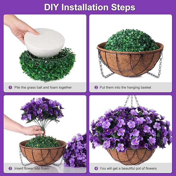 INXUGAO Artificial Hanging Flowers with Basket for Outdoor, Fake Hydrangea UV Resistant Arrangements in Pot Planter Spring Summer Decor for Indoor Porch Garden Yard(Double Violet)