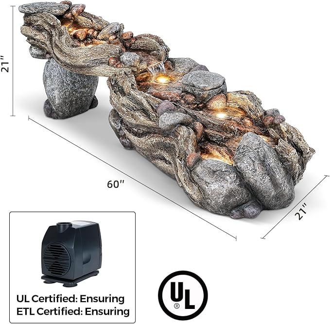 Jocoevol 60" Long Cascading Outdoor Rock Water Fountain, 5-Tier Tranquil River Waterfall, Realistic Rock Design, Serene Flowing Water Sound for Outdoor Garden, Patio, Landscaping, Home Decor