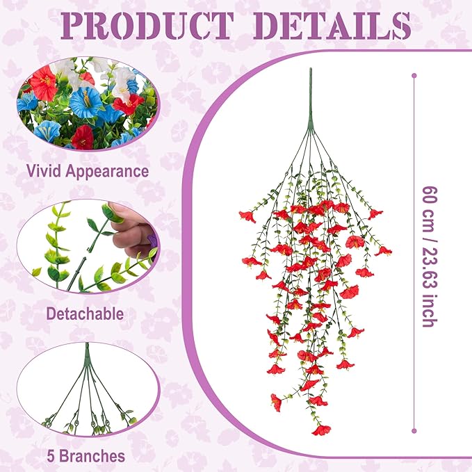 Artificial Hanging Petunias Flowers for Outdoor, 8pcs Fake Plants Long Vine Morning Glory Eucalyptus, UV Resistant Realistic Faux Greenery Outside Patio Porch Garden Spring Decor, Red Blue White