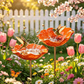 Metal Flower Garden Stakes Bird Bath, Decorative Outdoor Bird Feeder for Garden Yard Art, Handmade Rustproof Metal Flower Stakes for Attracting Birds Backyard Lawn Patio Decorations (Orange-2pcs)