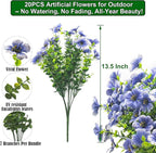 20 Bundles Artificial Flowers for Outdoors, UV Resistant Fake Plants Flowers Greenery Shrubs Plants for Decoration Outside Plants Hanging Planter Home Garden Decor (Blue)
