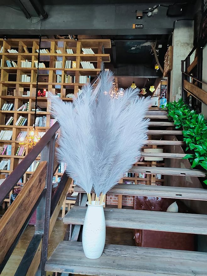 Premium Faux Grey Pampas Grass – 43.3" Tall Fluffy Neutral Decor, 8pcs 18-Branch One-Piece Stems No Assembly, Luxury Silk-Feel Feather Flowers for Modern Minimalist Scandinavian Decor,8 Stems110cm