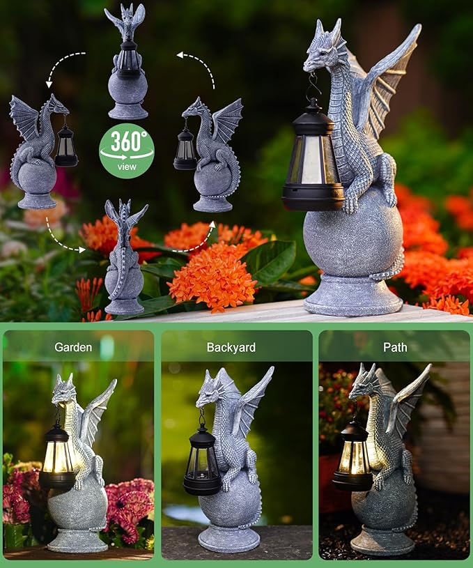 Solar Garden Dragon Statue: Outdoor Figurine with Lantern Lights Weatherproof Resin Decorations for Home Yard Lawn Porch Balcony Patio - Mothers Day Gifts for Mom Women Grandma