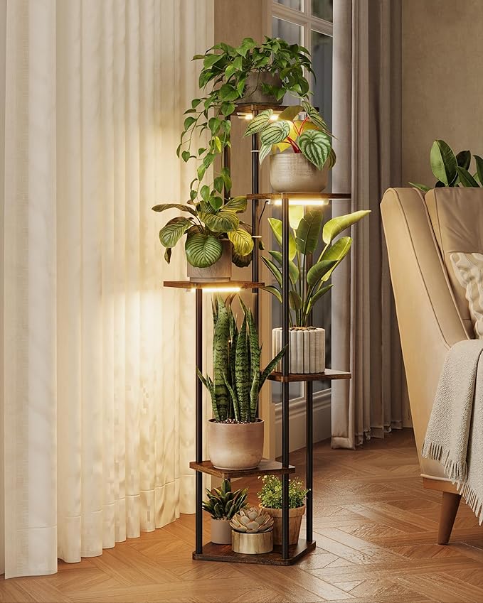 Plant Stand with Grow Light for Indoor Plants Corner Plant Stand 6 Tier Metal Plant Shelf Tall Plant Stand Plant Table Flower Stand for Living Room Bedroom Balcony Patio Brown Oak