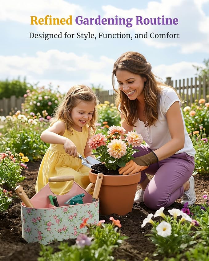 9-Piece Garden Tool Set, Heavy Duty Stainless Steel Rust-Proof Ｇardening Ｋit with Ergonomic Wood Handles, Durable Metal Organizer Basket with 4 Compartments, Ideal Gardening Gift for Women, Mother