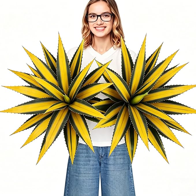 Artificial Green Edged Gold Leaf Spiny Agave Plant with 23 Leaves, 31.49in Faux Agave for Indoor & Outdoor Home Decor Perfect for Porch Living Room Bedroom Patio & Office（2 Pack）