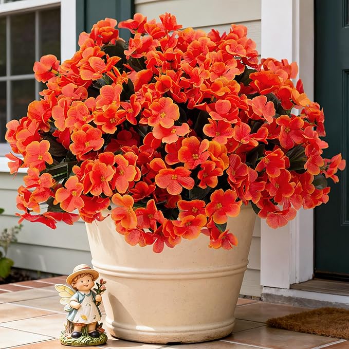 INXUGAO Artificial Flowers for Outdoors Decoration, 5 Bundles Faux Hydrangea UV Resistant Fake Arrangements Plants for Indoor Outside Garden Front Porch Spring Summer Decor, Orange