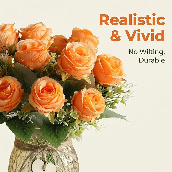 Faux Flowers in Vase, 18 Pcs Fake Rose Flowers with Glass Vase, Artificial Flower Arrangement Home Decor Indoor Centerpiece for Living Room & Dining Table, Orange, 12 Inches