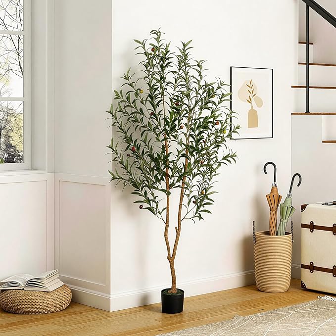 VIVATREES Artificial Olive Tree, 6FT Tall Faux Olive Tree with Pot, Artificial Plants with Natural Wood Trunk and Lifelike Fruits for Home Office Decor