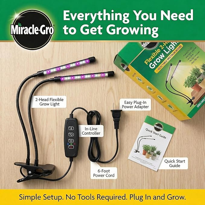 Miracle-Gro, Grow Light for Indoor Plants - 10W LED, Flexible 2-Head, Selectable Spectrum for Indoor Plants, Seeds, Herbs, Flowers, Plug-in Anywhere for Any Plant