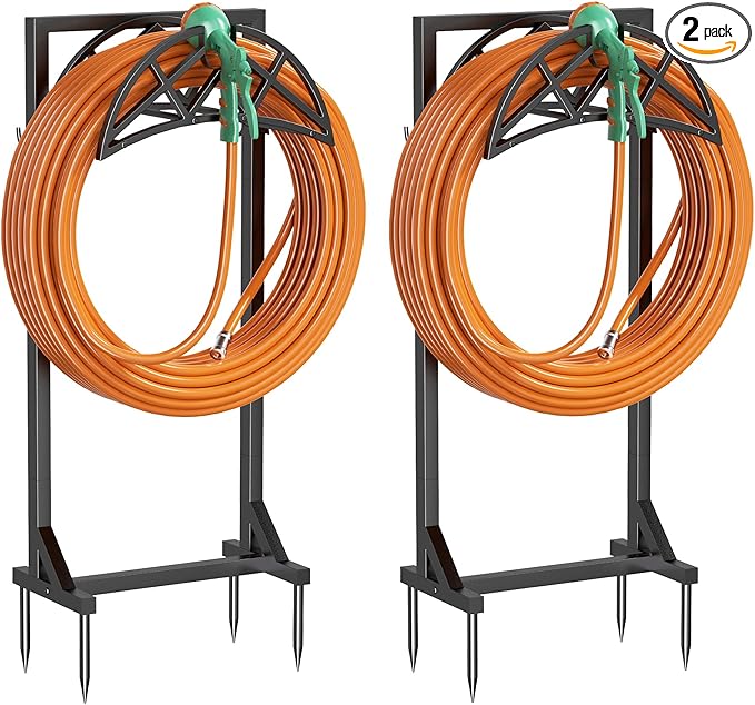 2 Pack Garden Hose Holder, Heavy-Duty Metal Stand with Stable Base & 2 Tool Hooks, Freestanding Storage Rack for Outside, Holds 150ft – Hose Holders for Yard & Lawn