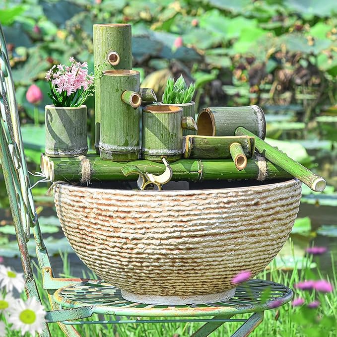 Sungmor Large Garden Bowl Planter Water Plant Pot, Miniature Landscaping Succulent Planter, 15.6 Inch Marble Texture Water Lily Pots, Small Fountain Base Mini Fish Pond Bird Bath