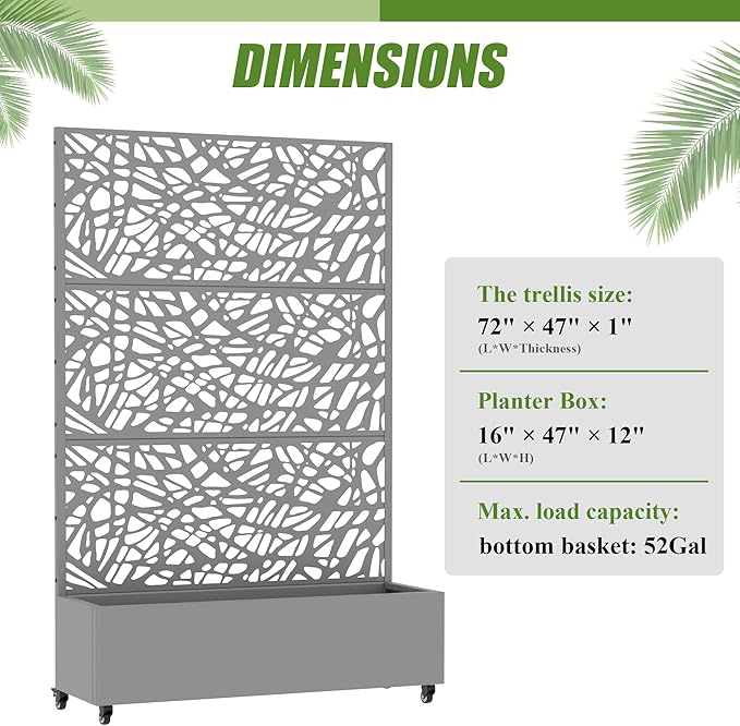 Casaphoria Metal Raised Garden Bed with Trellis and Wheels, 72"x47"x16" Planter Box for Climbing Plants, Vegetables & Vines, Features Drainage Holes and Privacy Screen, Grey-Net